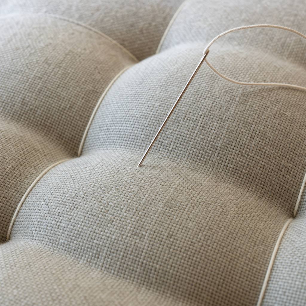 Close-up of tufted linen fabric with an upholstery needle and cord