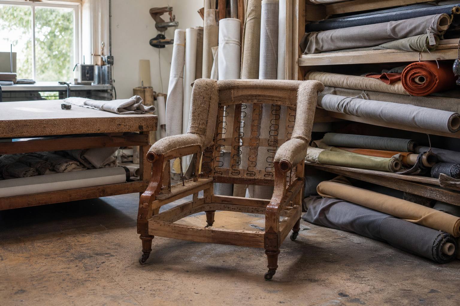 Armchair frame mid-restoration in the Harbour Rest workshop, with fabric rolls and workbench behind